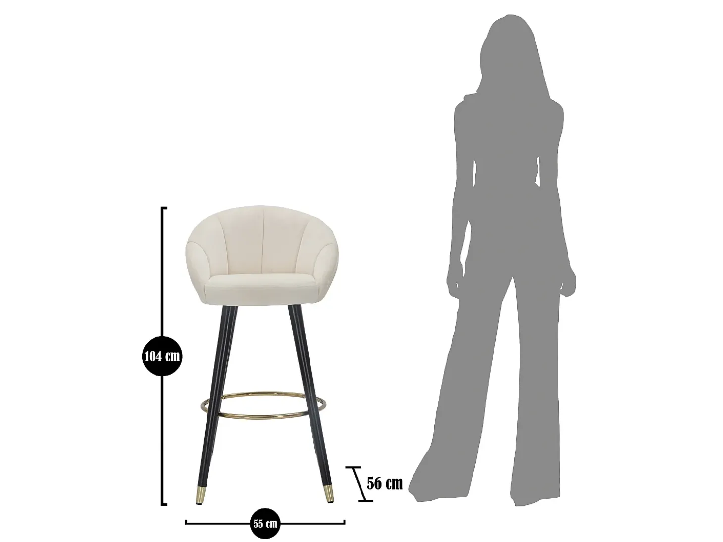 Taburete de bar para cocina en terciopelo con patas de madera negras y doradas h80cm Prague - Crema