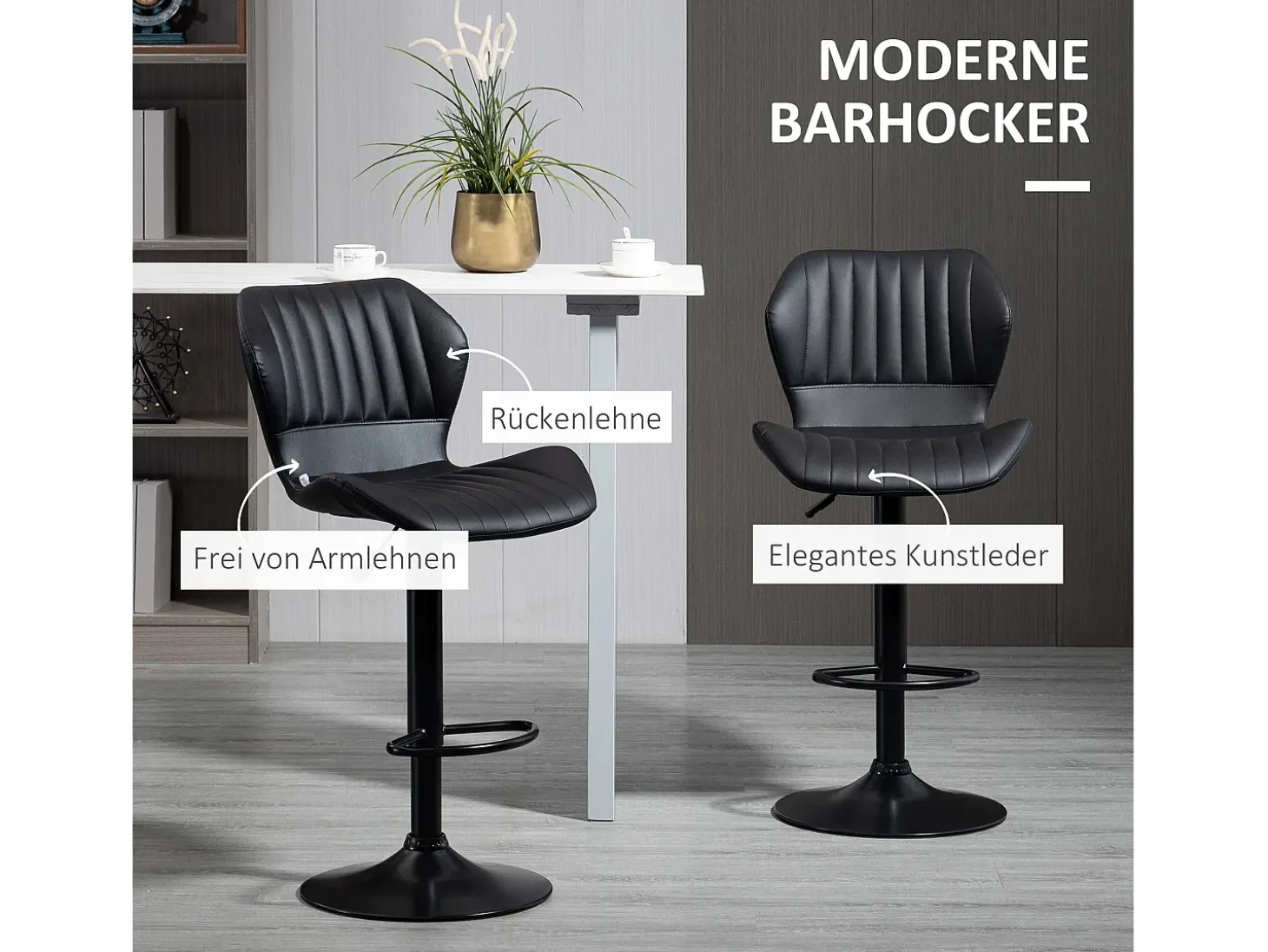 Taburete de bar, regulable en altura, con respaldo, piel sintética, color negro (48,5x55,5x90-110 cm)