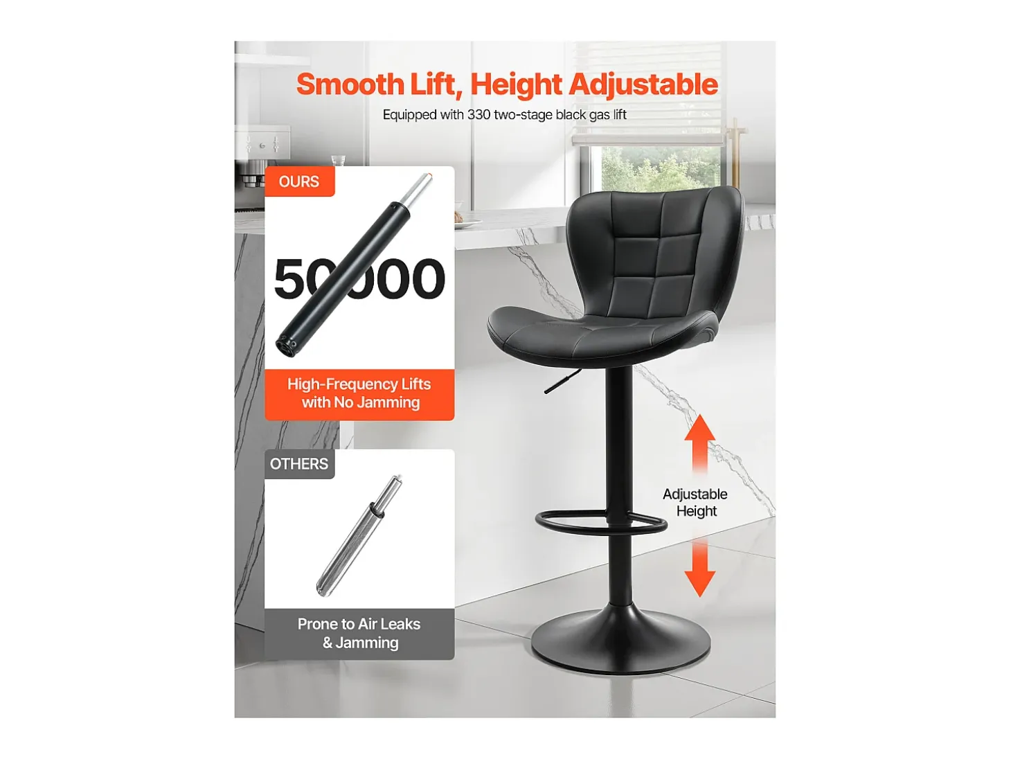 Taburete de Bar SucceBuy, Lote de 4, Silla de Bar Moderna en Piel de PU, Asiento de Cocina Giratorio, Altura Ajustable, con Respaldo Y Reposapiés, Negro