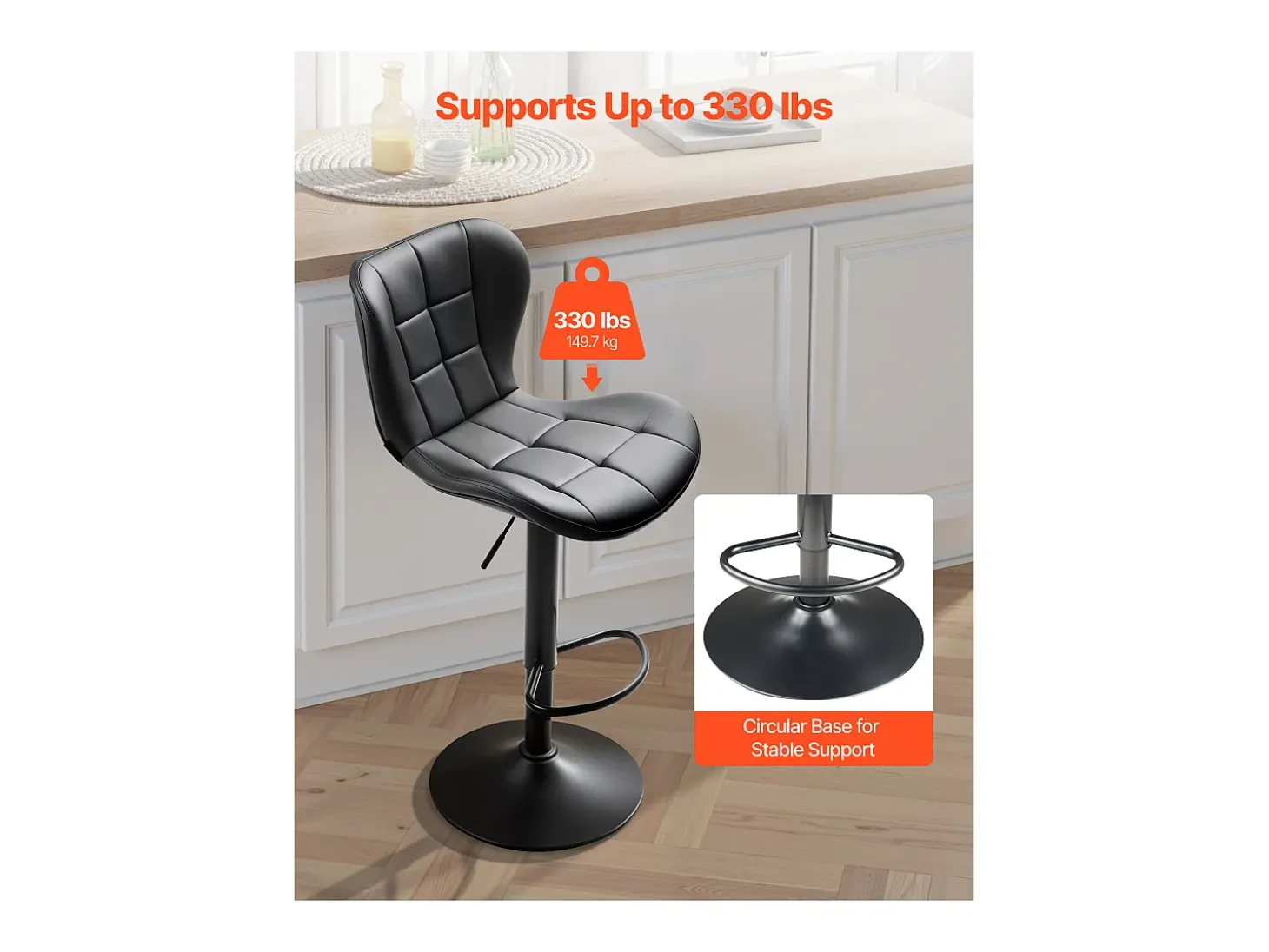 Taburete de Bar SucceBuy, Lote de 4, Silla de Bar Moderna en Piel de PU, Asiento de Cocina Giratorio, Altura Ajustable, con Respaldo Y Reposapiés, Negro