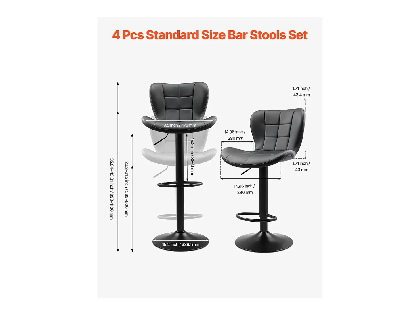 Taburete de Bar SucceBuy, Lote de 4, Silla de Bar Moderna en Piel de PU, Asiento de Cocina Giratorio, Altura Ajustable, con Respaldo Y Reposapiés, Negro
