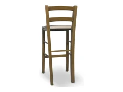 Taburete de madera de nogal claro con respaldo h 66 cm con asiento de polipiel beige