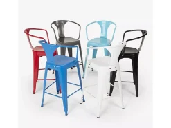 taburete diseño industrial para bar y cocina, con respaldo de metal estilo steel back - Azul