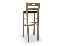 Taburete H80 en madera de nogal claro con asa y asiento acolchado en polipiel marrón