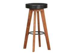 Taburetes de bar 2 piezas de cuero genuino y madera maciza de acacia