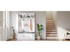 Taquilla - 120 x 40 x 191 cm - con banco zapatero + armario + 6 ganchos triples - aglomerado - blanco