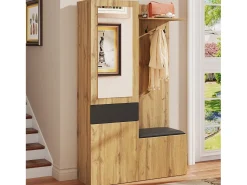 Taquilla con espejo - 98,5 x 38 x 191 cm - con zapatero + cajón + 2 puertas + banco - MDF - natural