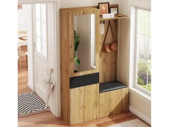 Taquilla con espejo - 98,5 x 38 x 191 cm - con zapatero + cajón + 2 puertas + banco - MDF - natural