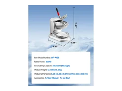 Triturador de Hielo SucceBuy Eléctrico Capacidad de 100 kg/h, Máquina de Hielo Picado a 4 Cuchillas, de Acero Inoxidable, con Bol y Tapa, 2000 rpm