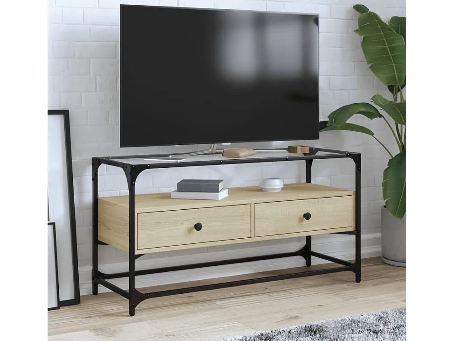 Varel Mueble TV cristal y madera ingeniería roble Sonoma 98x35x51 cm