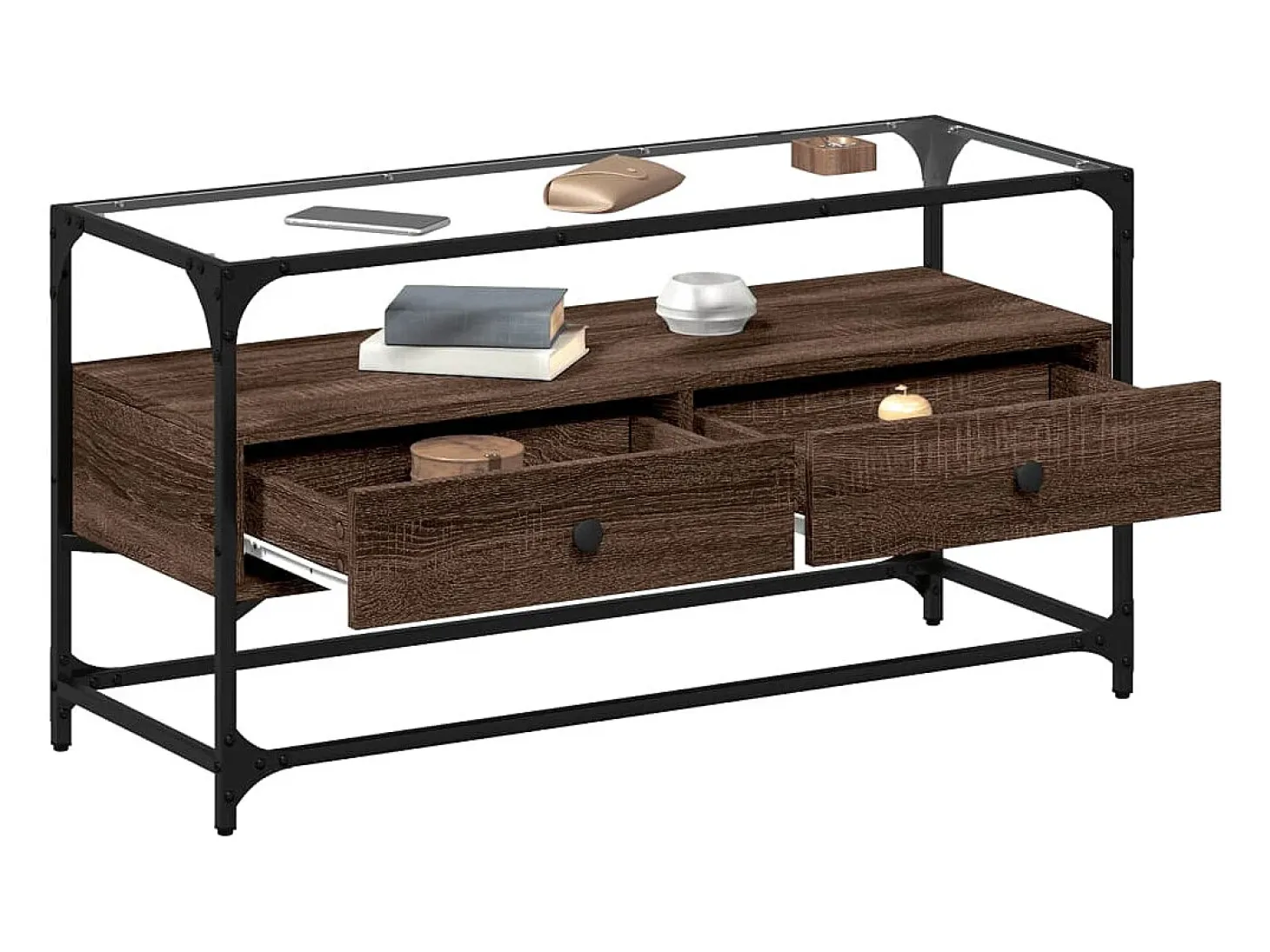 Varel Mueble TV cristal y madera ingeniería marrón roble 98x35x51 cm