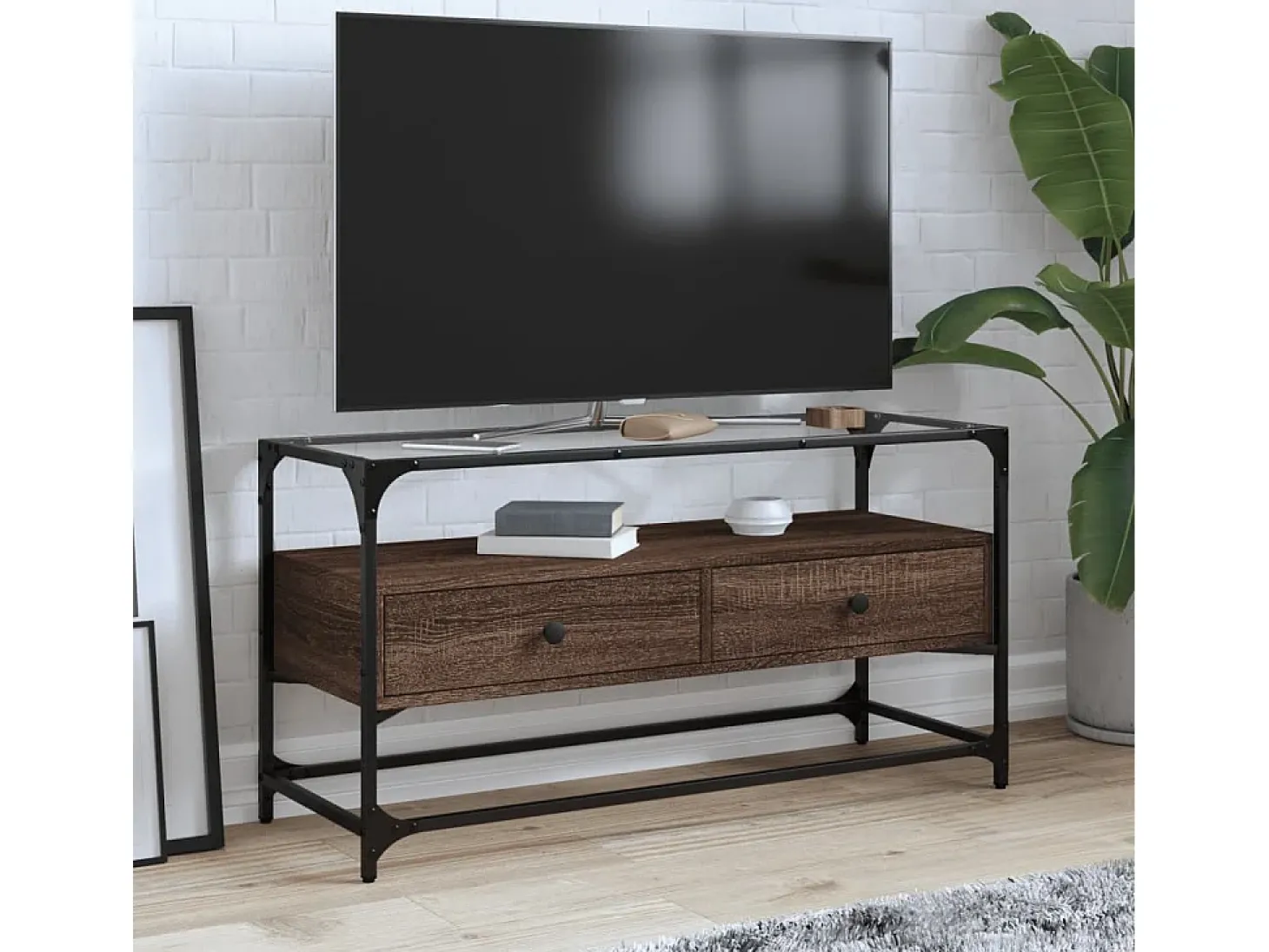 Varel Mueble TV cristal y madera ingeniería marrón roble 98x35x51 cm