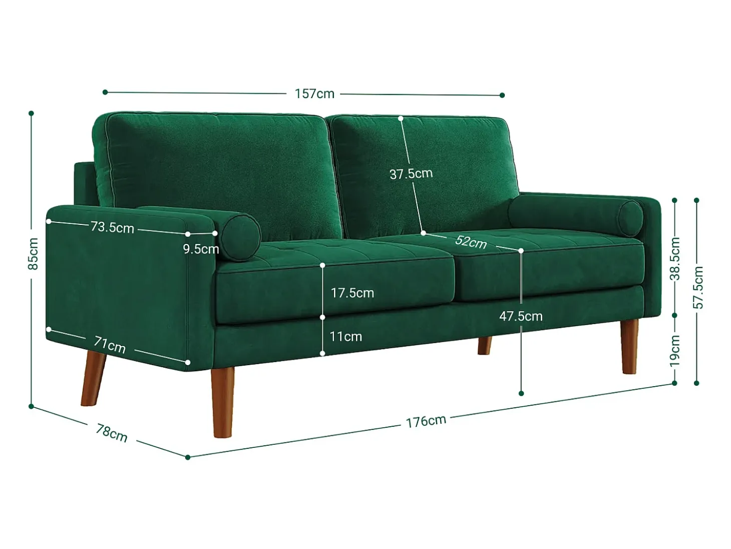 Velvet verde y sofá de terciopelo sólido - 3 Lugares - Carga máxima de 300 kg - 176x78x85cm