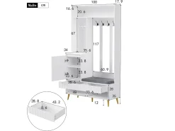 Vestiaire blanc avec 1 porte, 2 tiroirs, 4 patères et 1 banc 100 x 35 x 180 cm