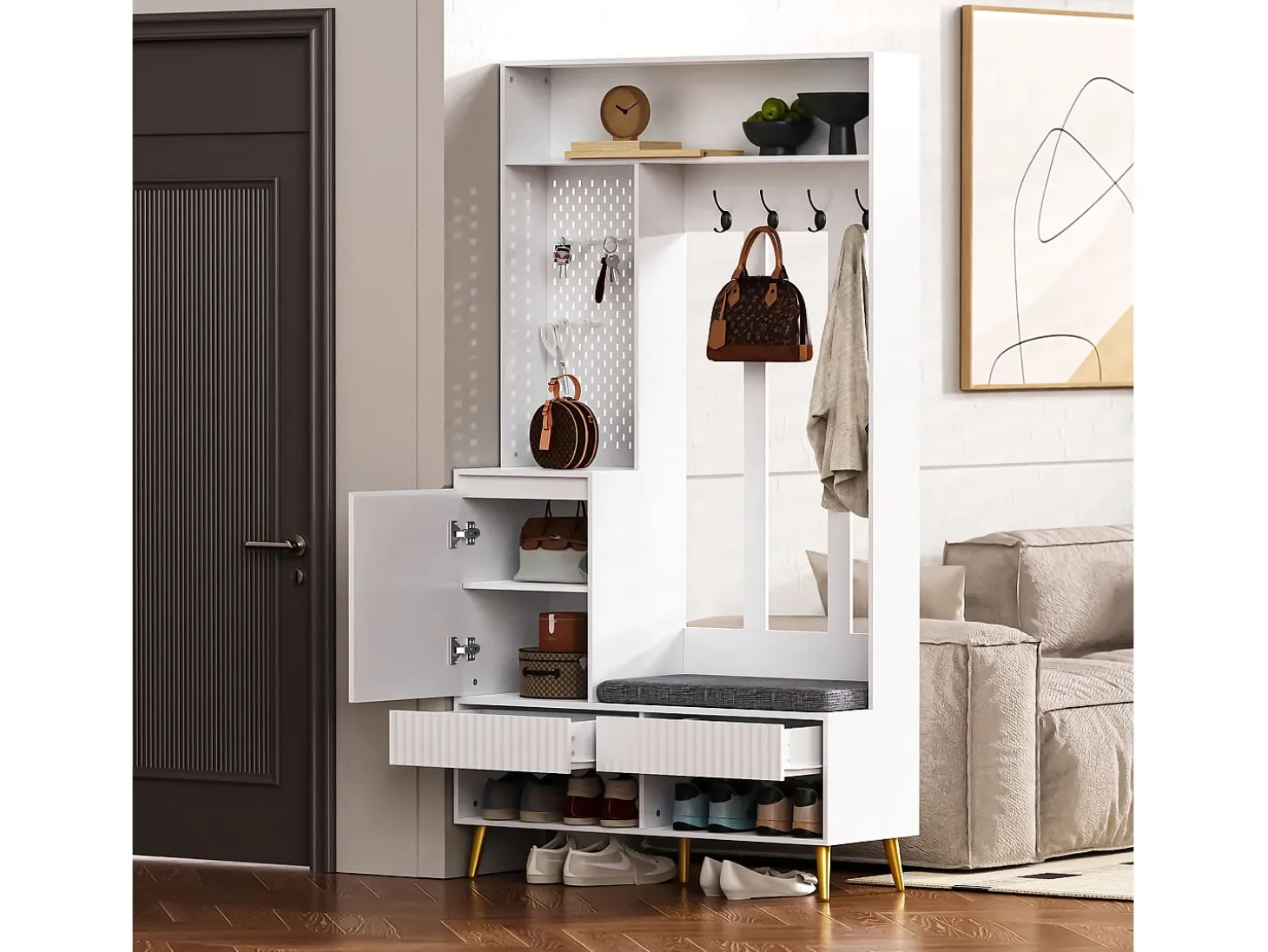 Vestiaire blanc avec 1 porte, 2 tiroirs, 4 patères et 1 banc 100 x 35 x 180 cm