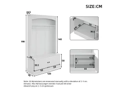 Vestidor moderno - con perchero y almacenamiento para zapatos - Banco de almacenamiento - con ganchos - Blanco