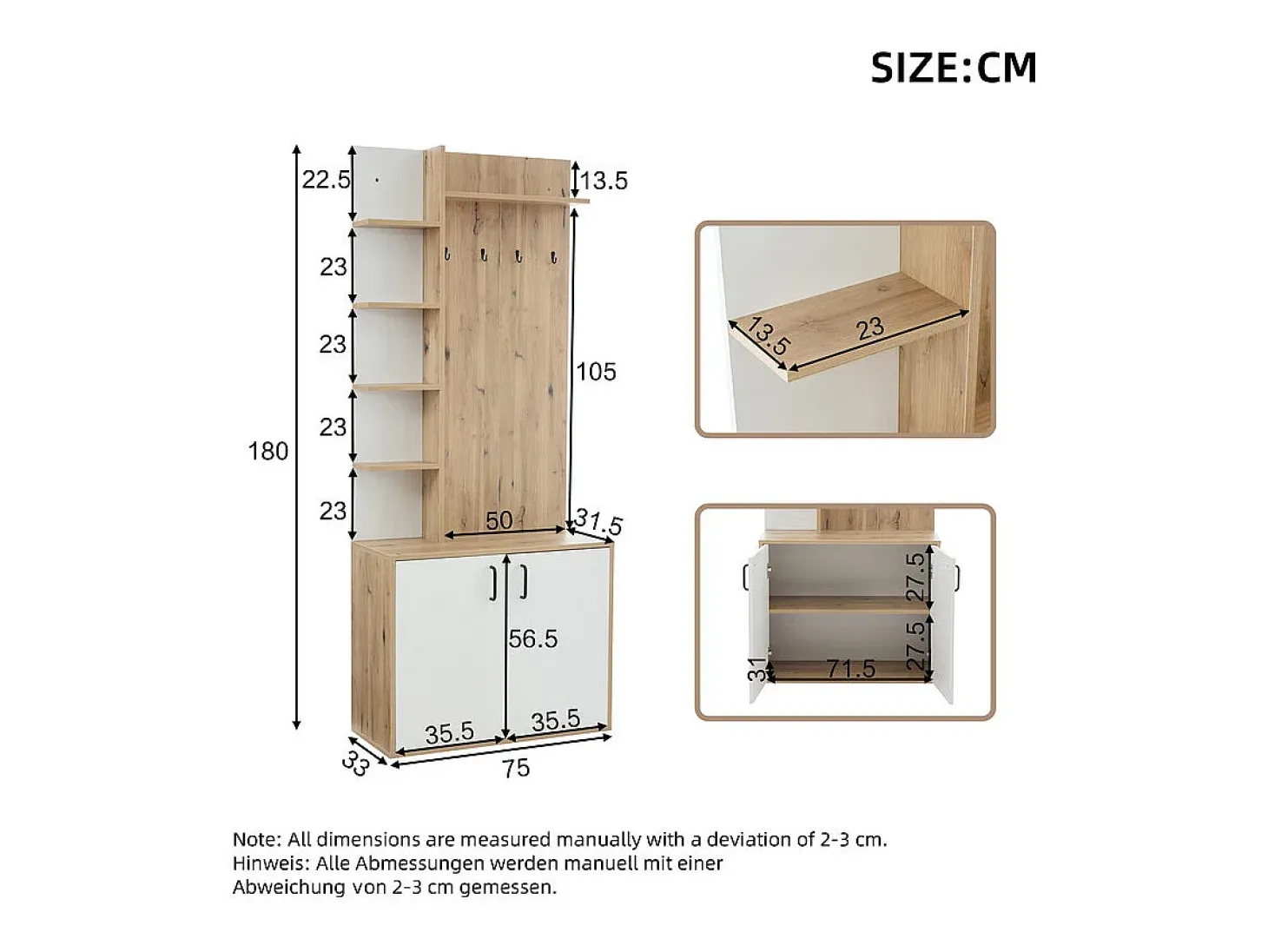 Vitrina - 5 estantes y 2 puertas - con perchas - carga máx 80kg - panel de partículas - 75x33x180cm