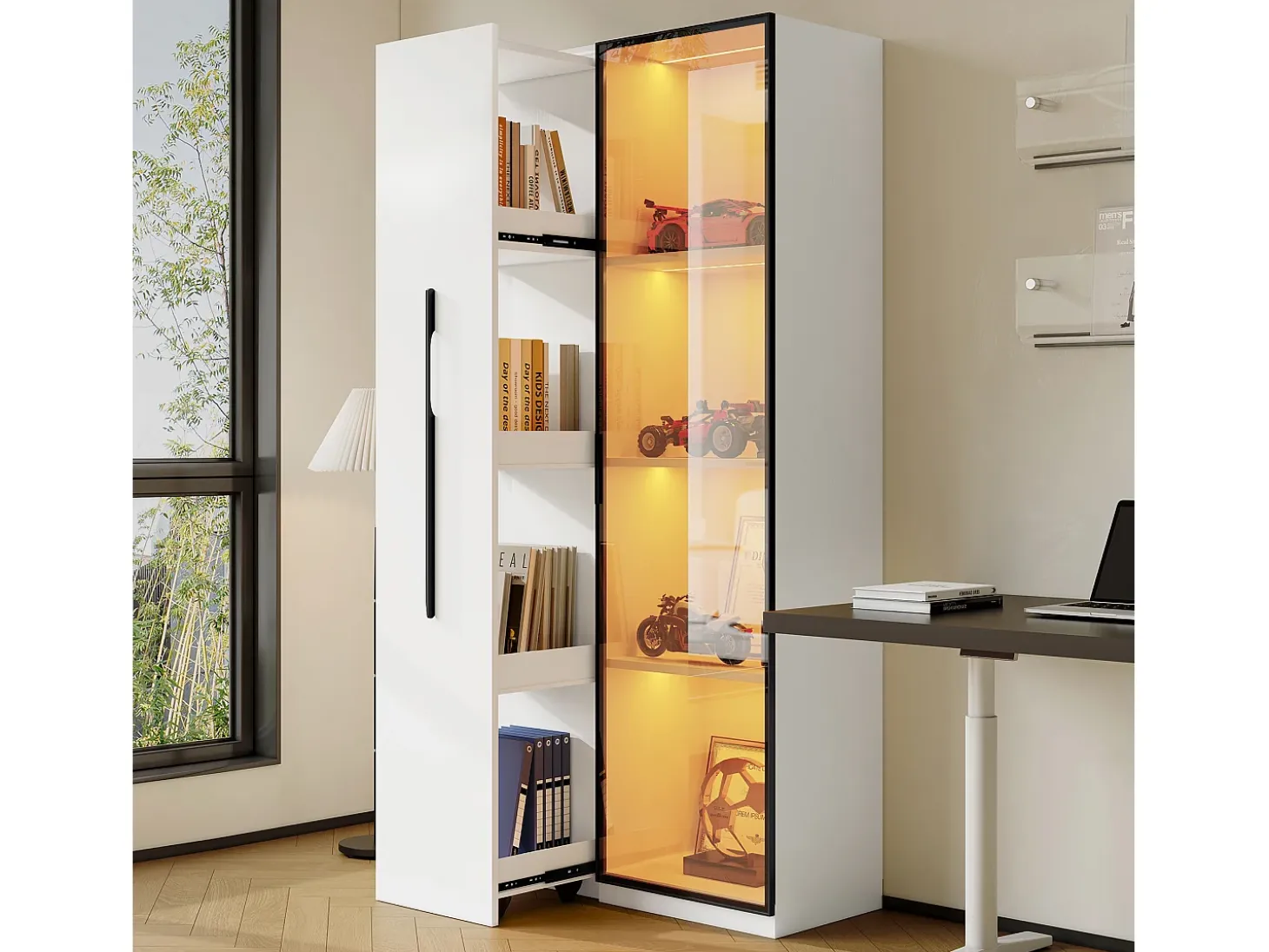 Vitrina 70×40×160 cm - con puerta de vidrio templado - 1 puerta y 1 cajón lateral - con iluminación LED - blanco