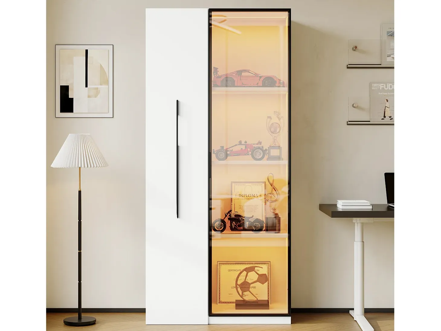 Vitrina 70×40×160 cm - con puerta de vidrio templado - 1 puerta y 1 cajón lateral - con iluminación LED - blanco