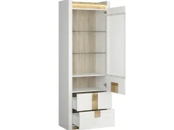 Vitrina 1 puerta 2 cajones con LED Helios Blanco lacado y Madera