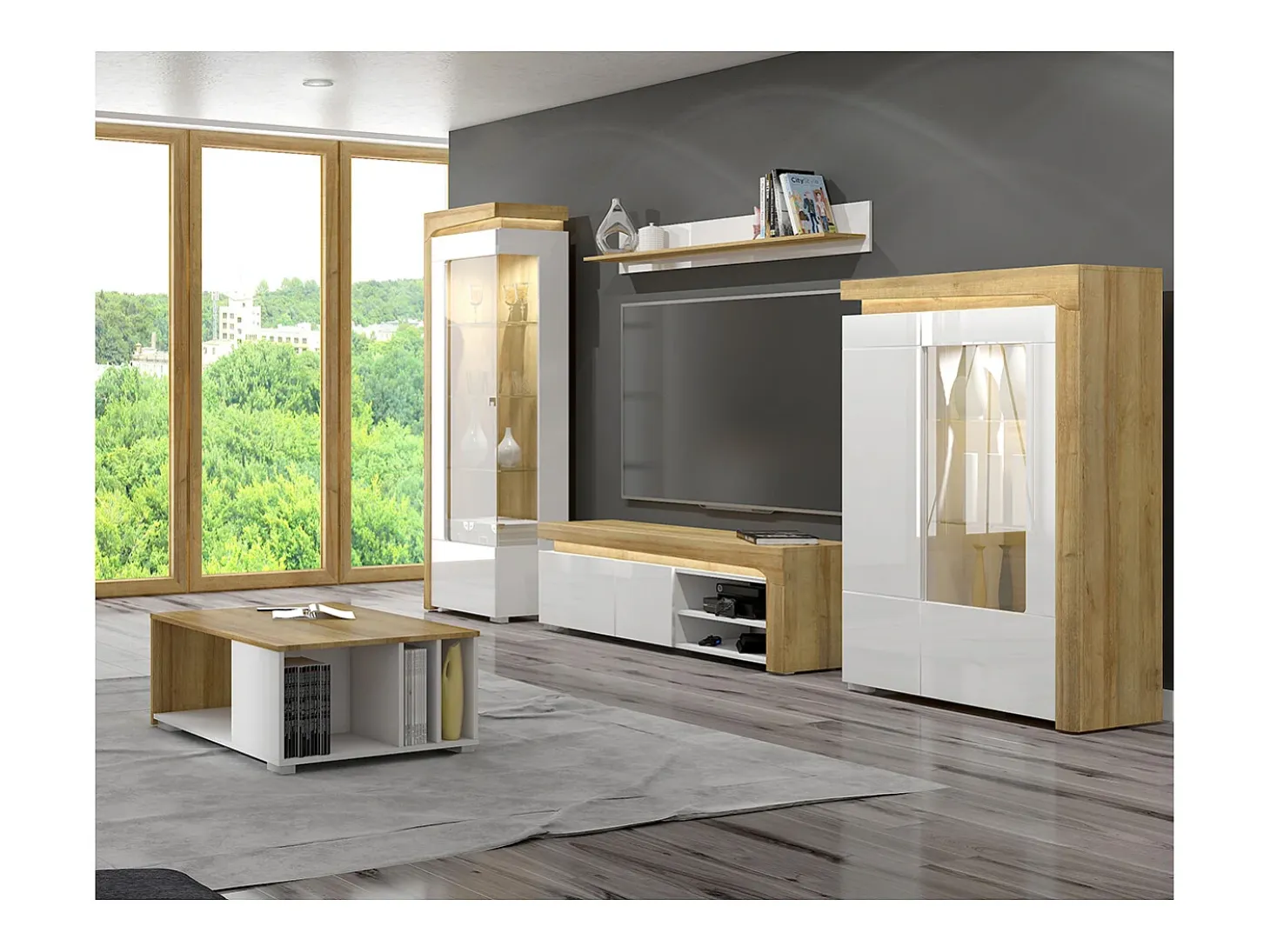 Vitrina 1 puerta apertura a la izquierda con LED Teo Blanco y Madera