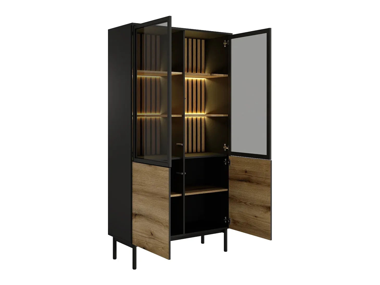 Vitrina 4 puertas con LEDs - Natural y negro - LABENIA