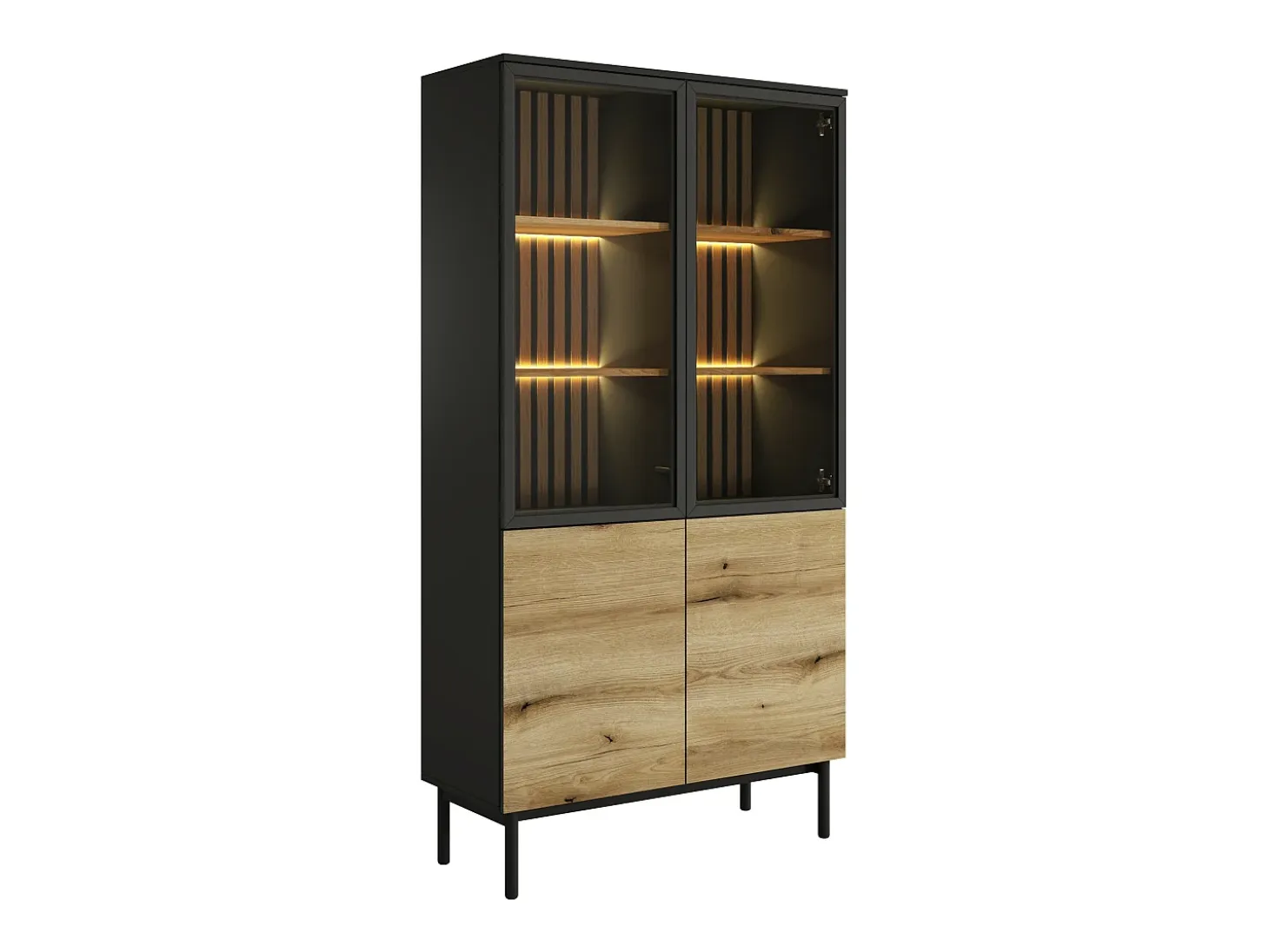 Vitrina 4 puertas con LEDs - Natural y negro - LABENIA