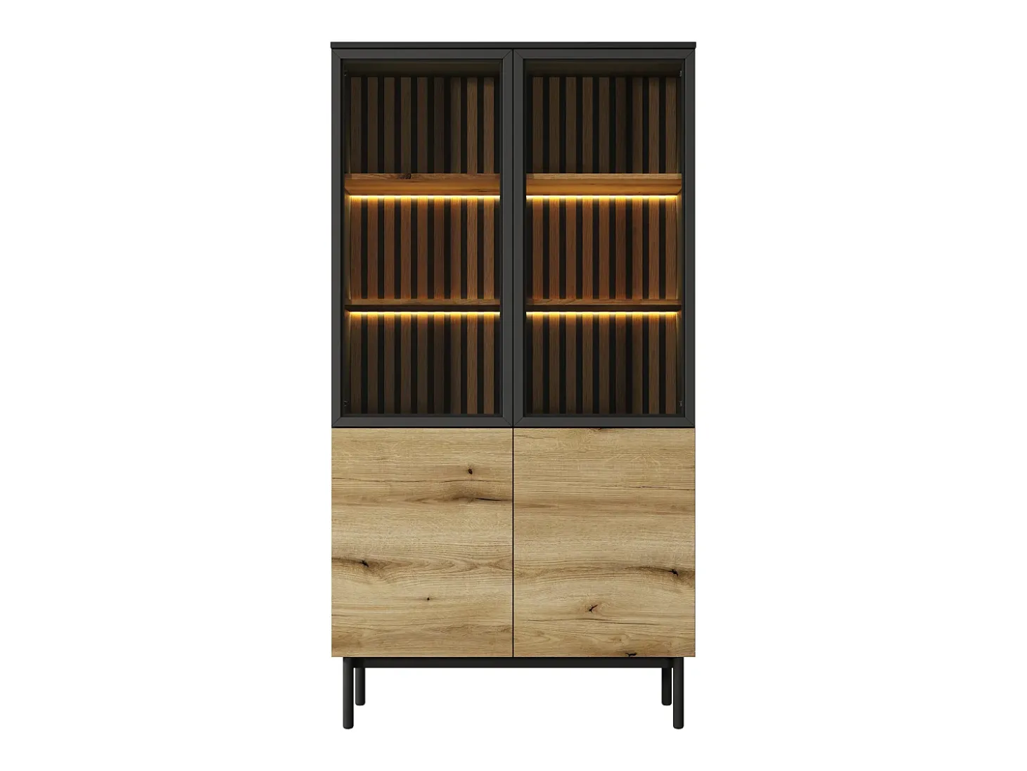 Vitrina 4 puertas con LEDs - Natural y negro - LABENIA