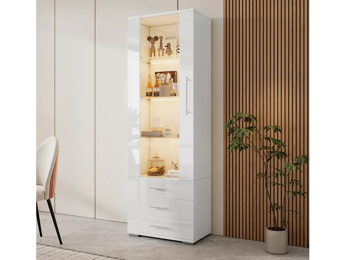Vitrina alta con 3 cajones y 1 puerta, cuerpo de MDF lacado en blanco, LED incluido - 60x35x180cm