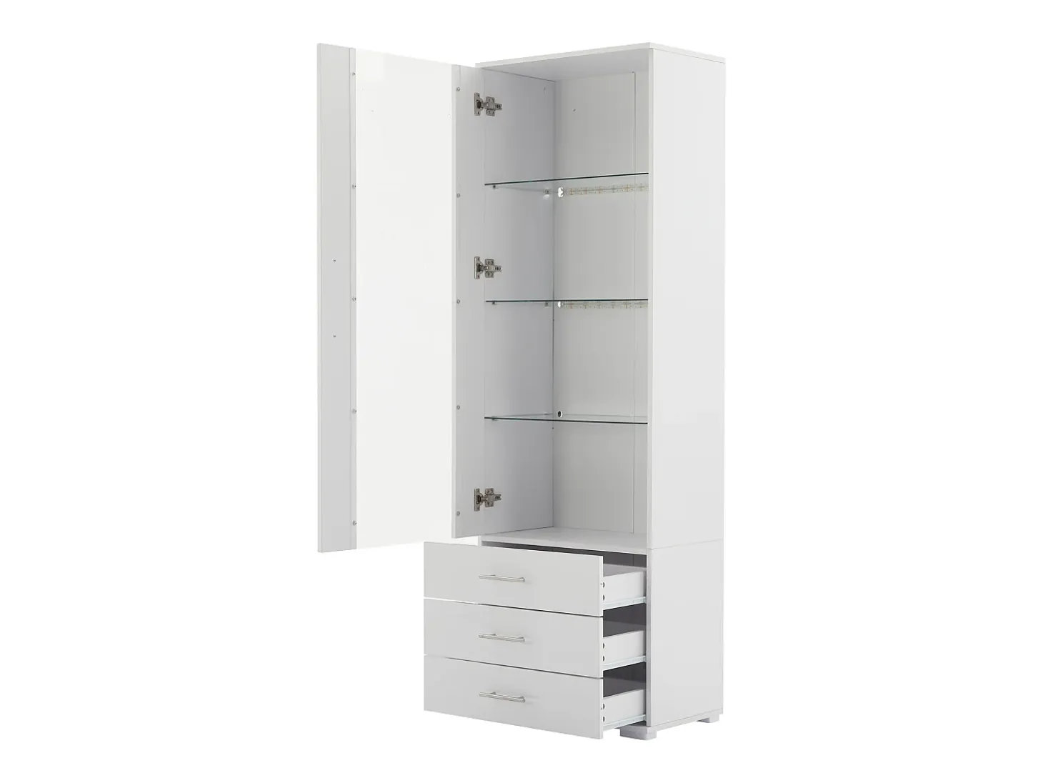 Vitrina alta con 3 cajones y 1 puerta, cuerpo de MDF lacado en blanco, LED incluido - 60x35x180cm