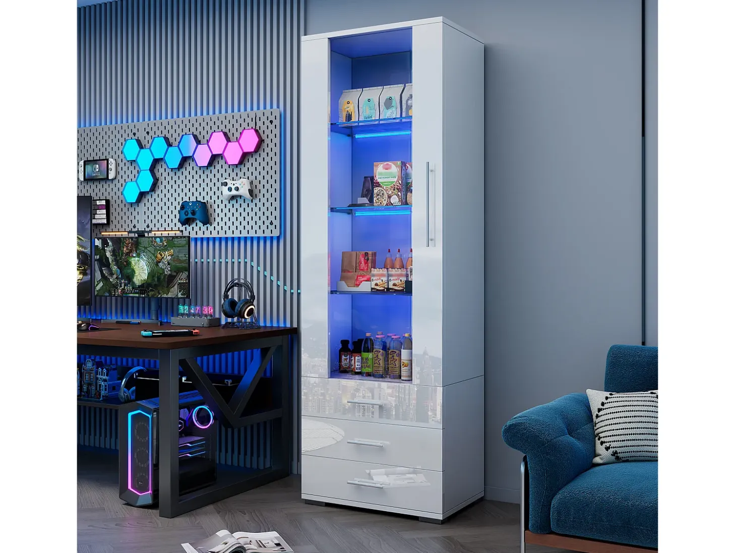 Vitrina alta con 3 cajones y 1 puerta, cuerpo de MDF lacado en blanco, LED incluido - 60x35x180cm