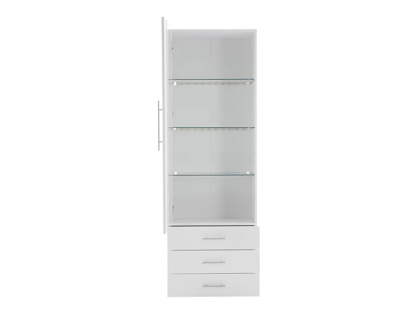Vitrina alta con 3 cajones y 1 puerta, cuerpo de MDF lacado en blanco, LED incluido - 60x35x180cm