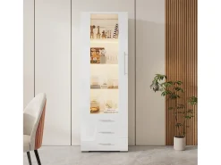 Vitrina alta con 3 cajones y 1 puerta, cuerpo de MDF lacado en blanco, LED incluido - 60x35x180cm