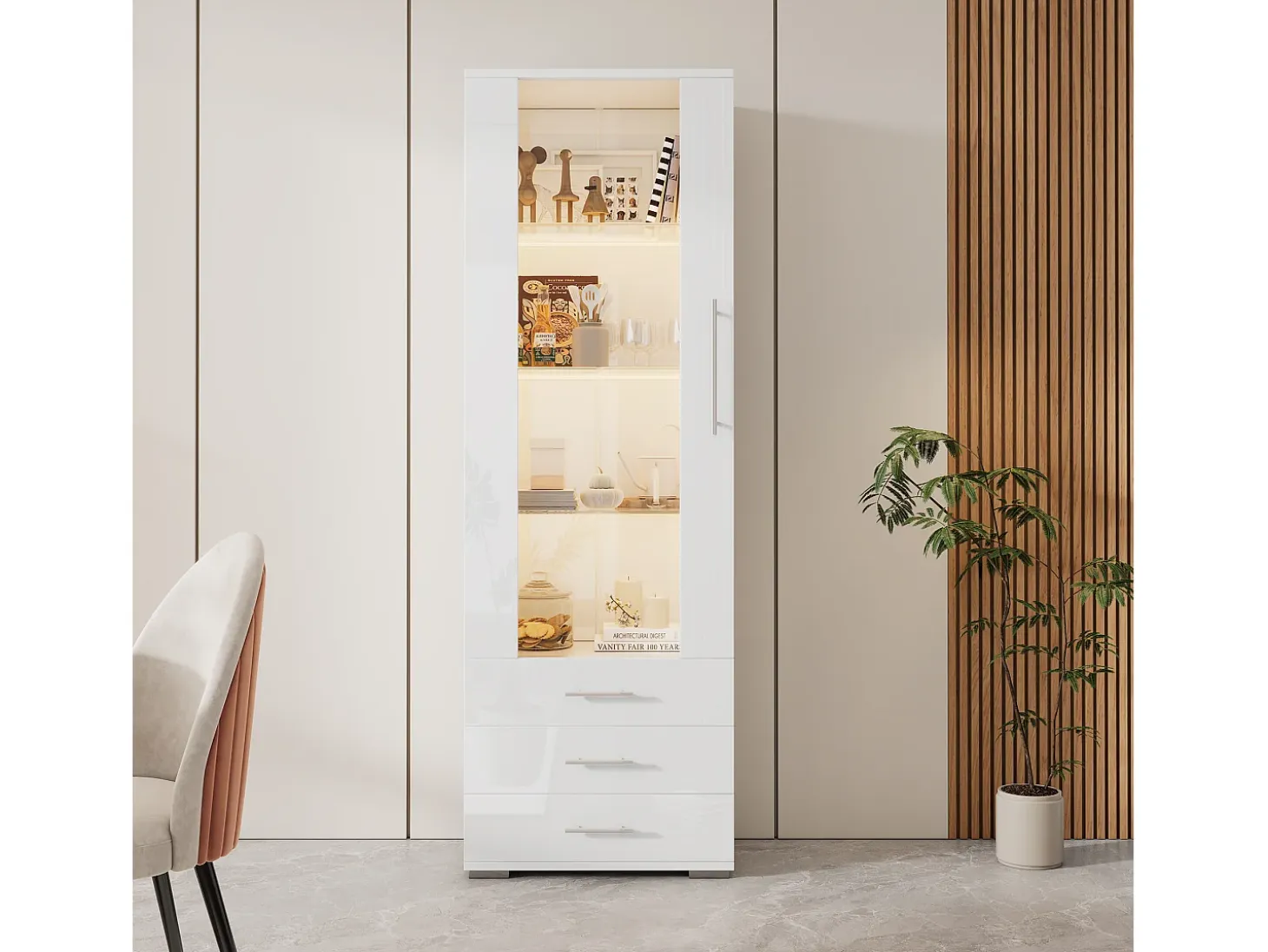 Vitrina alta con 3 cajones y 1 puerta, cuerpo de MDF lacado en blanco, LED incluido - 60x35x180cm