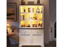 Vitrina alta de cristal - 120 x 36,5 x 200 cm - con 2 cajones + 4 puertas + LED - mueble de salón - MDF - blanco