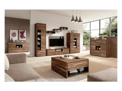 Vitrina alta de diseño con 1 puerta, 1 cajón y 4 nichos visibles colección SILVA color roble y gris.