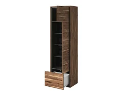 Vitrina alta de diseño con 1 puerta, 1 cajón y 4 nichos visibles colección SILVA color roble y gris.