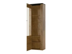 Vitrina alta de diseño con 1 puerta y iluminación LED colección SANTIAGO. Color blanco efecto madera y roble.