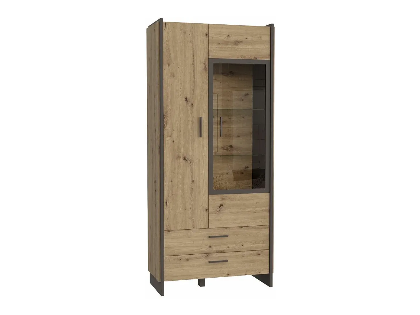 Vitrina alta de 205x92x41 cm con puerta acristalada, otra opaca y 2 cajones en beige Frank