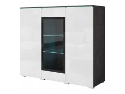 Vitrina alta moderna 120 cm para salón 3 puertas cuerpo matera mate y frentes blanco brillo