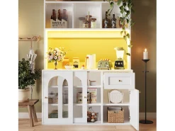 Vitrina blanca - Mueble de comedor con 5 puertas y 1 cajón - estantes regulables y luces LED
