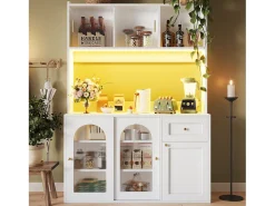 Vitrina blanca - Mueble de comedor con 5 puertas y 1 cajón - estantes regulables y luces LED