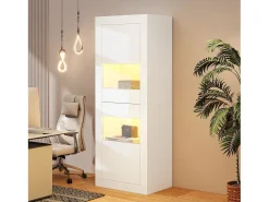 Vitrina blanca - Vitrina con iluminación LED y 2 puertas - estantes de cristal regulables de 2 niveles - para salón
