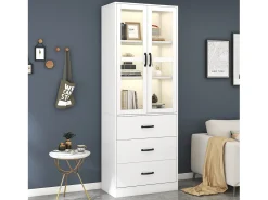 Vitrina blanca con 3 cajones, 2 puertas de cristal y luces LED, estantes regulables.