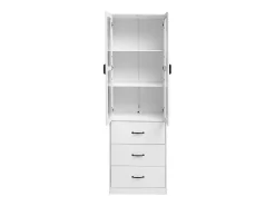 Vitrina blanca con 3 cajones, 2 puertas de cristal y luces LED, estantes regulables.