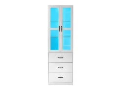 Vitrina blanca con 3 cajones, 2 puertas de cristal y luces LED, estantes regulables.