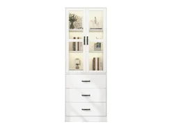 Vitrina blanca con 3 cajones, 2 puertas de cristal y luces LED, estantes regulables.