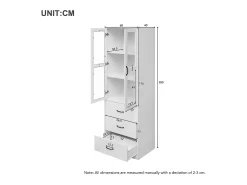 Vitrina blanca con 3 cajones, 2 puertas de cristal y luces LED, estantes regulables.