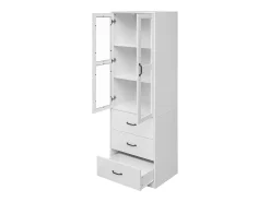 Vitrina blanca con 3 cajones, 2 puertas de cristal y luces LED, estantes regulables.