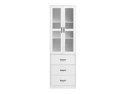 Vitrina blanca con 3 cajones, 2 puertas de cristal y luces LED, estantes regulables.